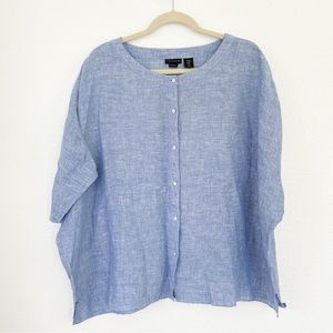 Tahari | Blue 100% Linen Button Down Boxy Top